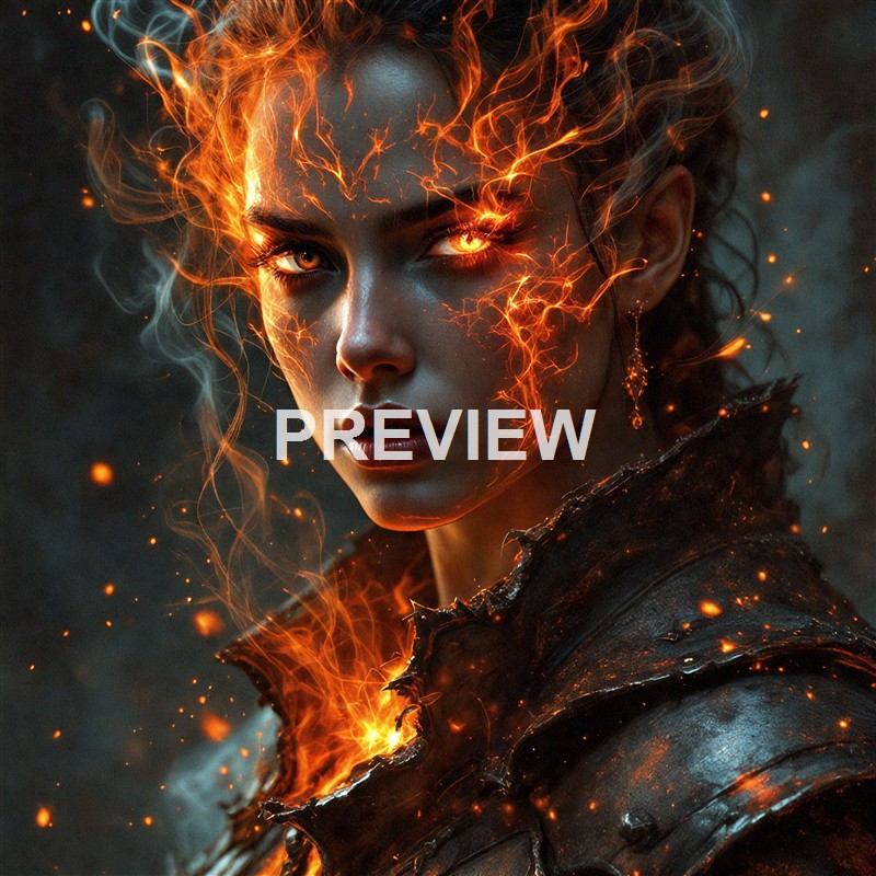 A woman with fiery, glowing eyes and hair surrounded by flames and sparks, wearing dark armor, with a fierce and intense expression.